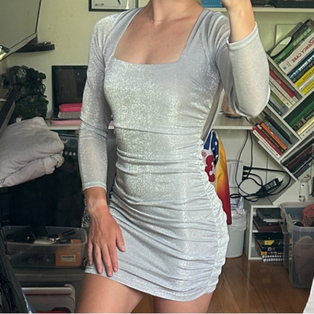Silver Sparkle Long-Sleeve Bodycon Mini Dress